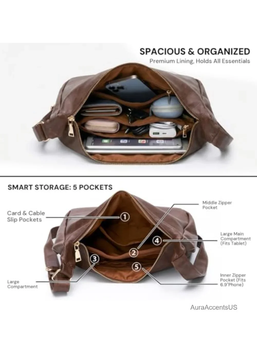 Women's Slouchy Hobo Bag Soft Vegan Leather Adjustable Crossbody Shoulder Purse